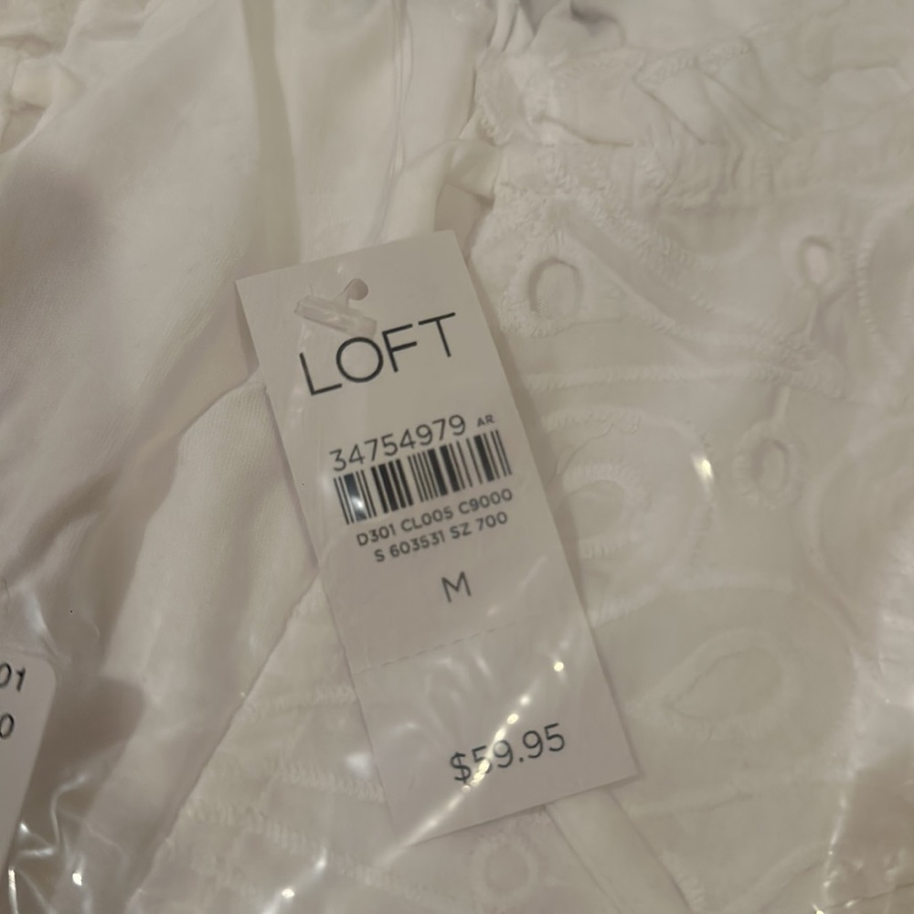 NWT LOFT Eyelet Tie Neck Puff Sleeve Mixed Media Top - Picture 5 of 8